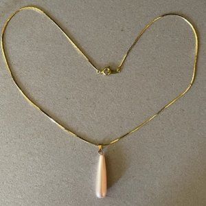 Faux Pearl Pink Teardrop Pendant Hanging from an 18" 80's Gold Chain, Classic